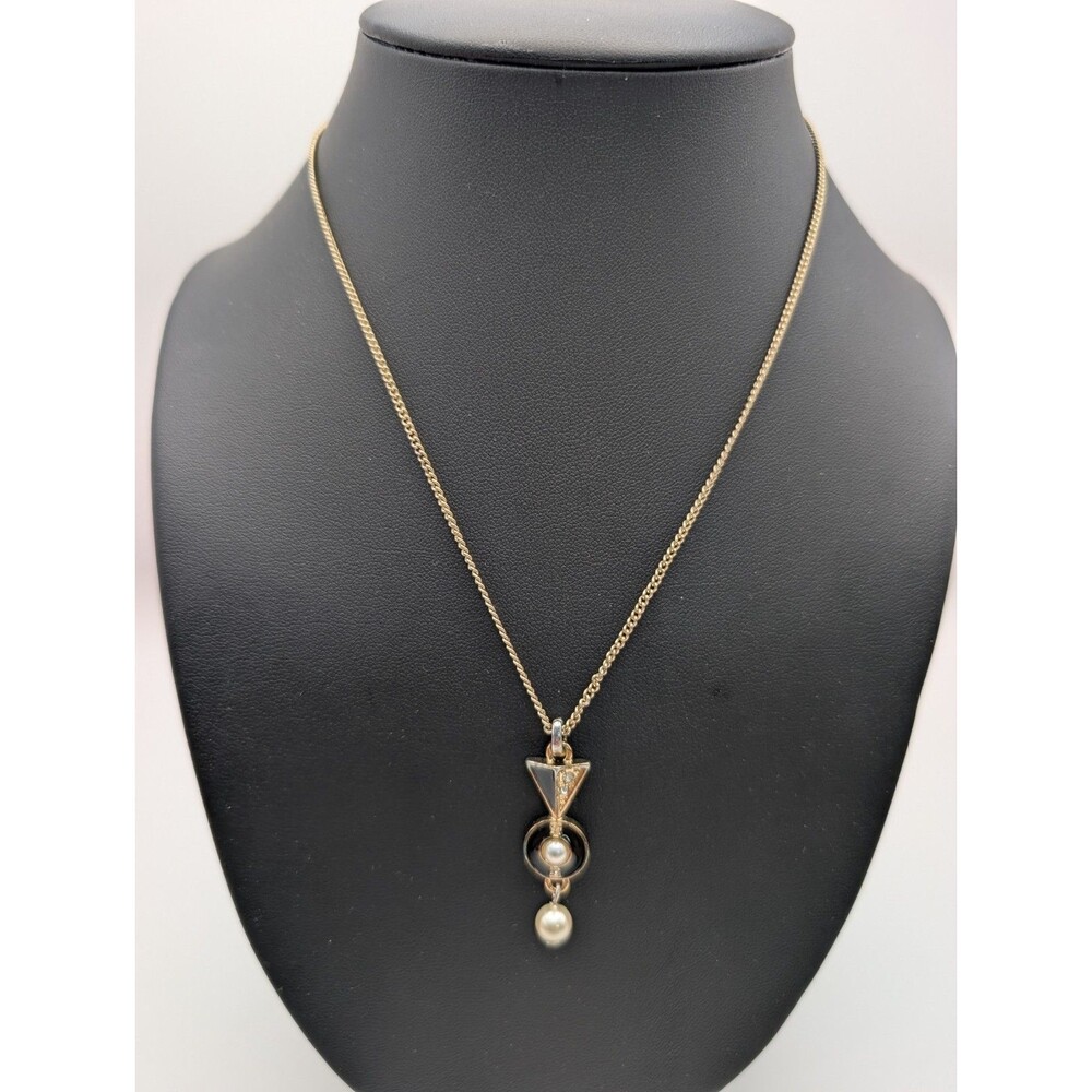 Vintage Signed SHB Gold Tone Geometric Pendant Necklace Black Enamel Faux Pearl